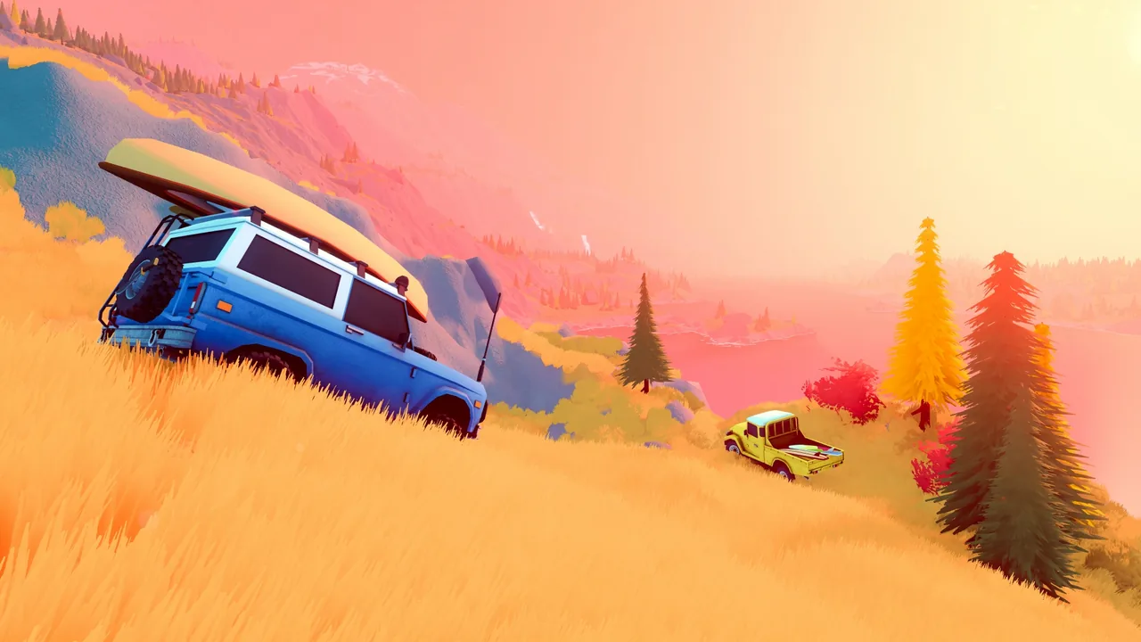 A light-blue off-roader carrying a yellow canoe on its roof drives across a steep golden hillside at sunset, with a small yellow pickup further down the slope.