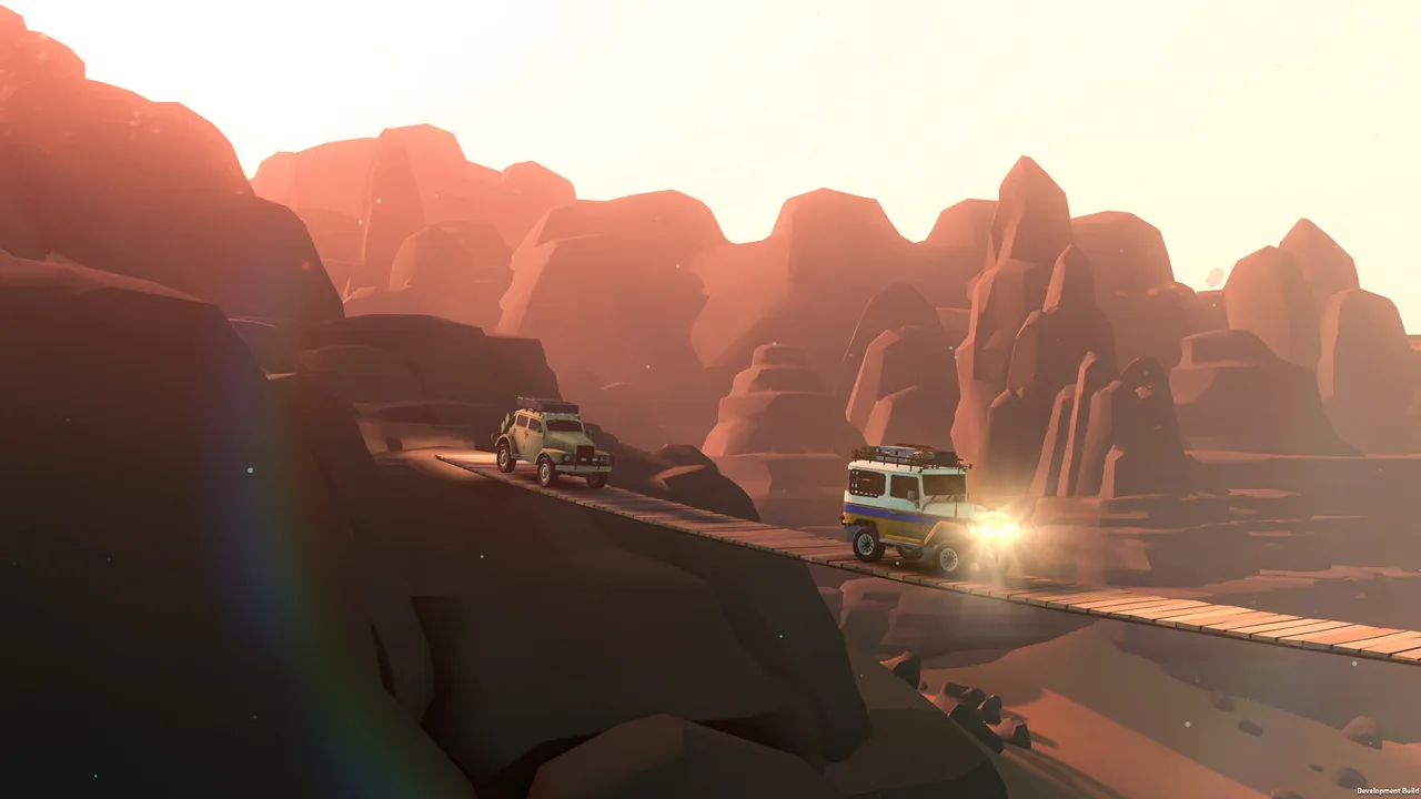 Two off-road vehicles drive along a narrow track of wooden planks on the side of a red rock canyon, one with its headlights on.