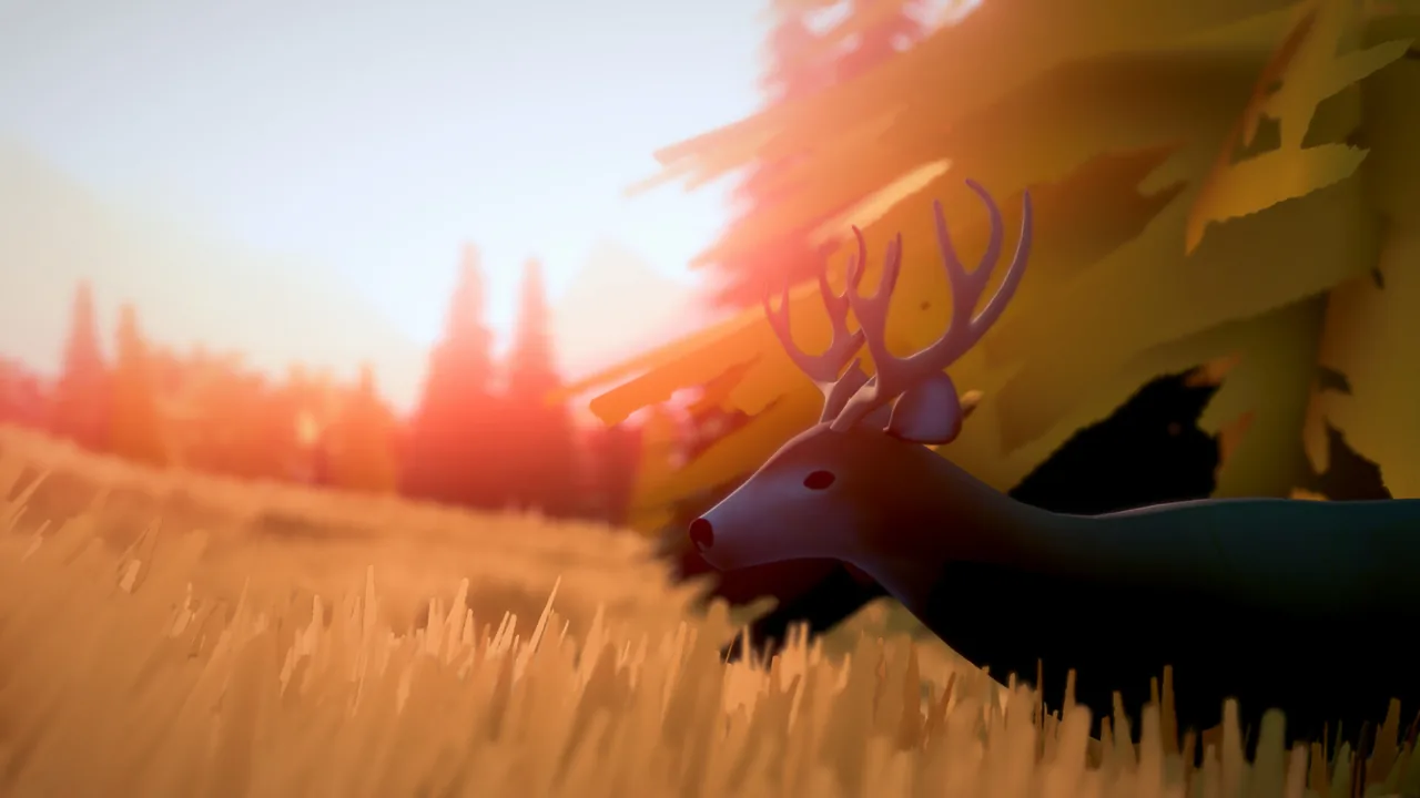 The dark silhouette of a stag with large antlers standing in tall golden grass at sunset, with blurred pine trees behind it.