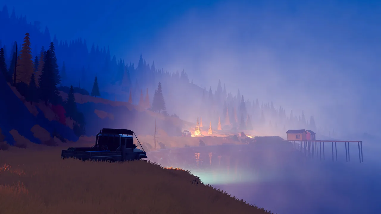 A dark pickup with a roof rack is parked on a grassy slope above a foggy lake with a wooden pier, a small hut and distant lights at dusk.