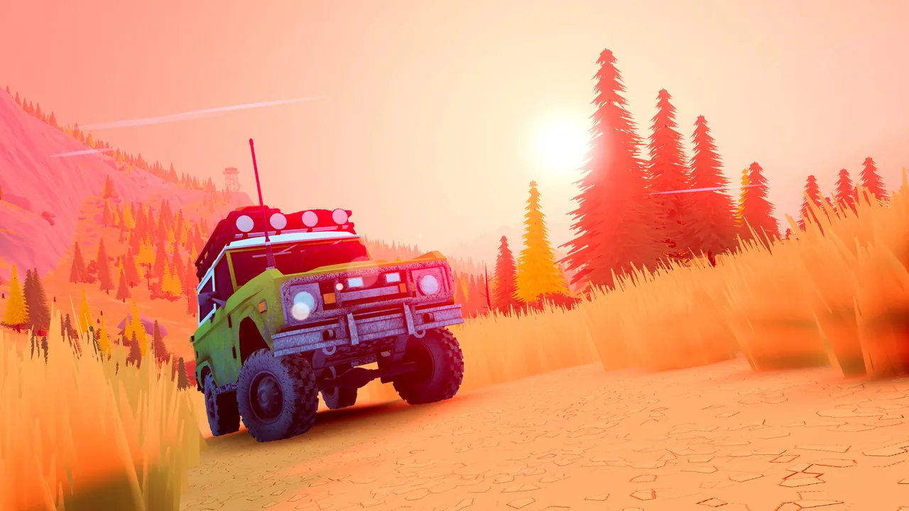 A lime-green off-roader with a red roof light bar and extra lamps drives along a dry, cracked dirt road through orange grass at sunset.