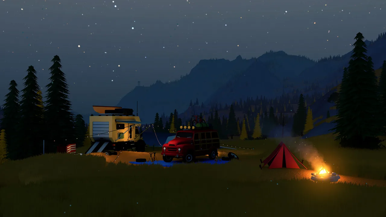 A night campsite with a yellow camper trailer, a red pickup truck with a roof rack, a small red tent and a campfire under a starry sky.