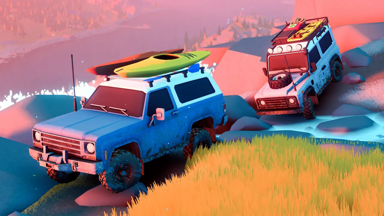 A light-blue 4x4 carrying a green kayak on its roof and a white off-roader with a roof rack cross a shallow, rocky stream.