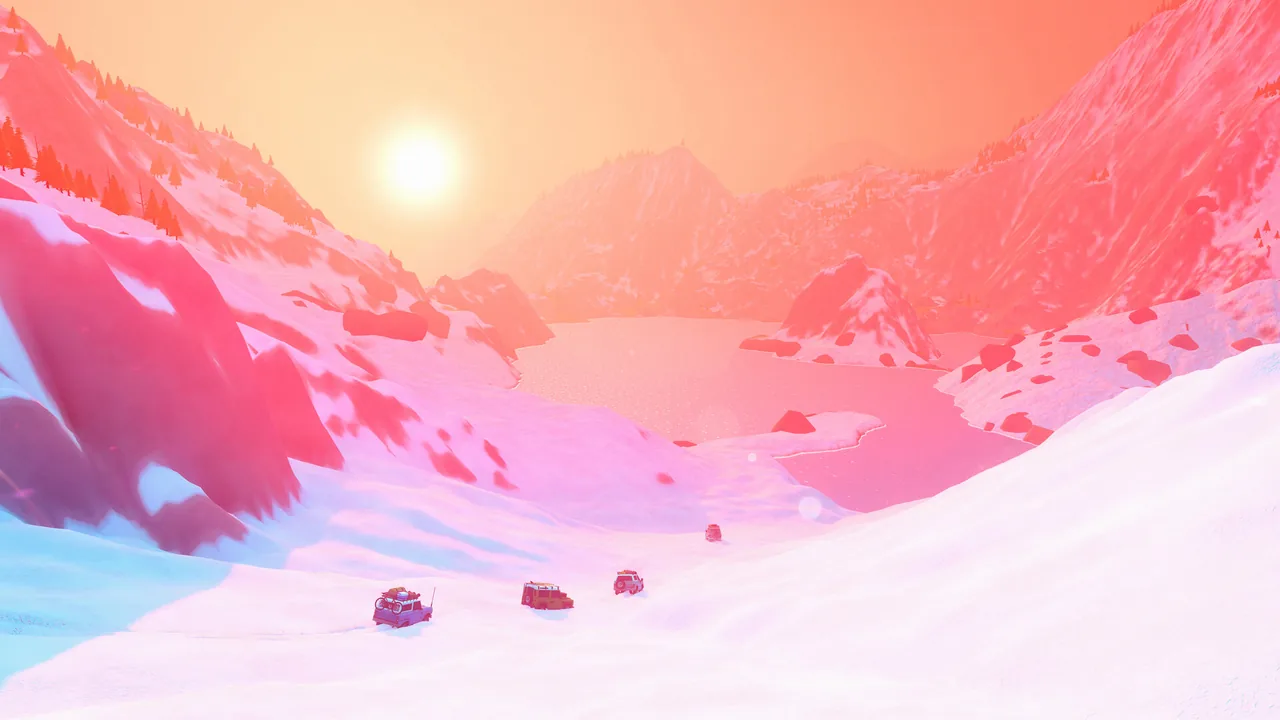 Three small off-road vehicles drive in a line across a snowy slope toward a frozen lake, with snowy mountains and a low sun behind them.