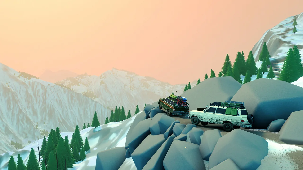 A white off-roader with a loaded roof rack and a dark green off-roader climb over large grey boulders on a snowy mountain slope with pine trees.