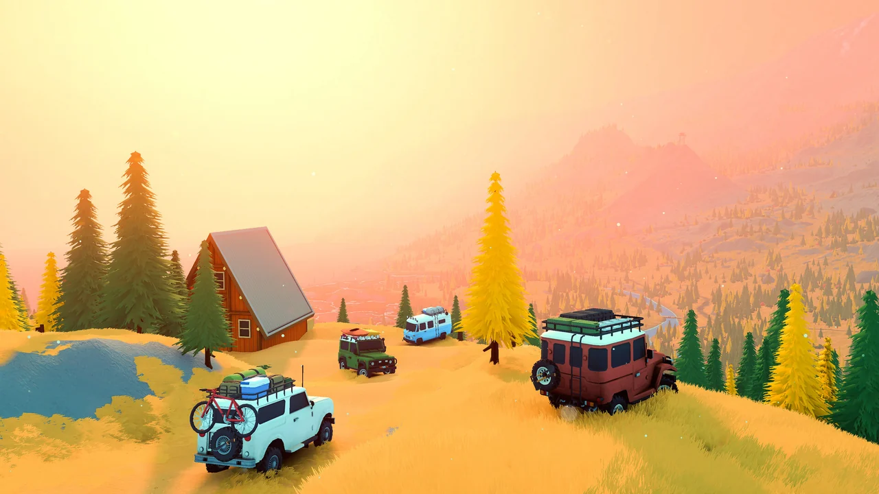 Four off-roaders, a white one with a bicycle on the back, a green one with a red canoe on the roof, a light-blue van and a red one with a roof rack, are parked on a golden hilltop beside a red A-frame cabin, facing a misty pink valley.