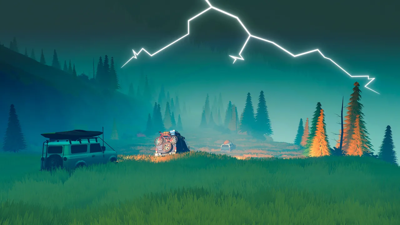 A lightning bolt splits a teal night sky over a grassy meadow where an off-roader with a rooftop tent and a second vehicle are parked near pine trees.