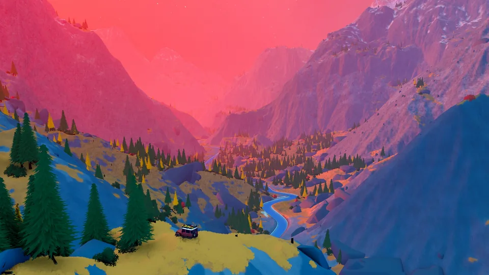 A wide view down a river valley between pink and purple mountains covered in pine forest, with one small off-roader parked on a grassy ledge in the foreground.